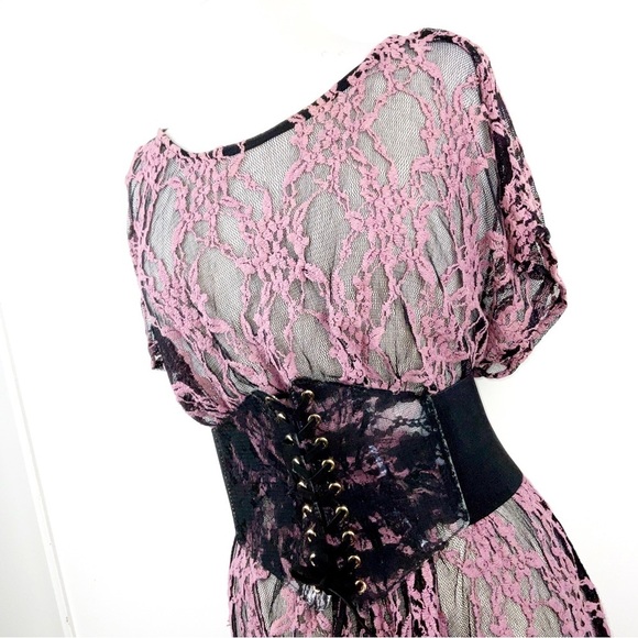 Bar III Pink & Black Summer Floral Lace Swimsuit Coverup Dress | Size L - Picture 5 of 6